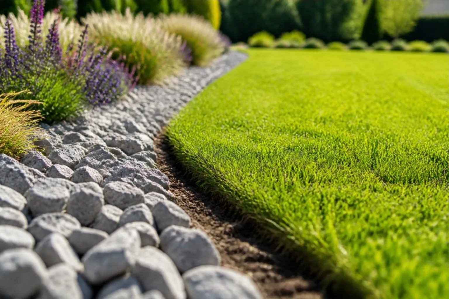 Crisp curved edge of a new lawn beside a grey gravel border with lavender and grasses