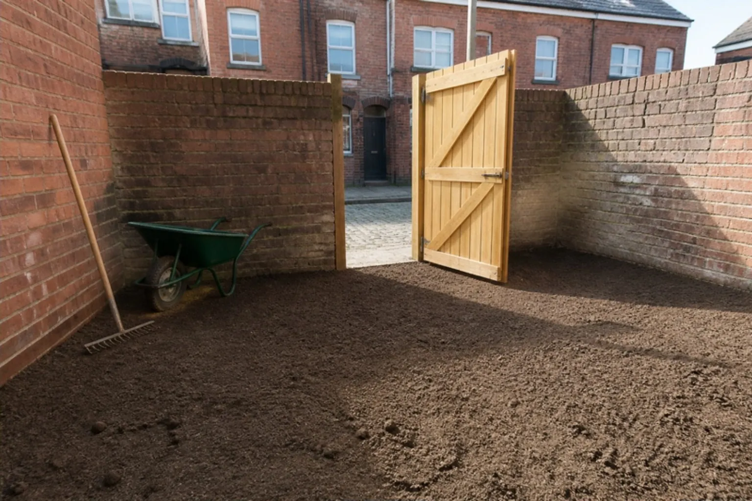 Walled terrace back yard raked to level topsoil, with a wheelbarrow and a gate open to a cobbled back lane