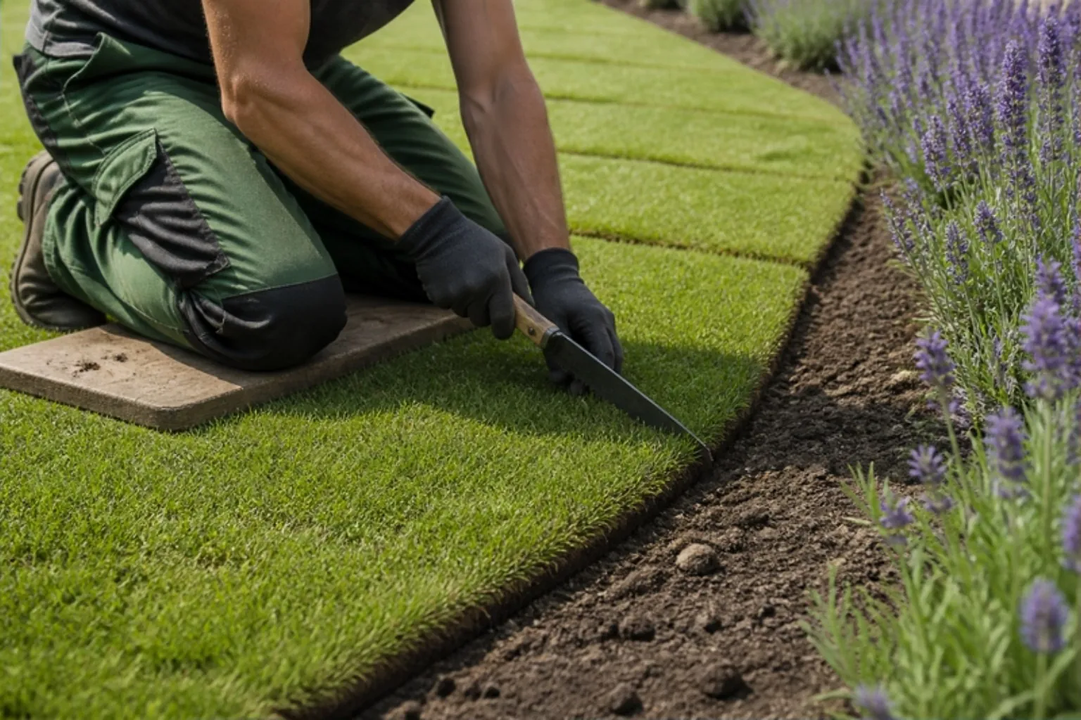 Gloved hands trimming new turf with a knife along a curved border of lavender, from a kneeling board